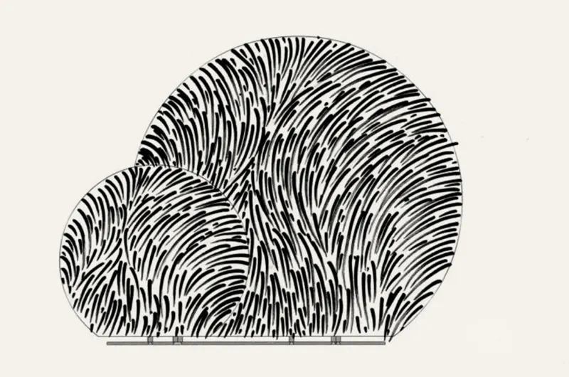 Croquis au feutre noir sur une feuille blanche d'une sculpture double sur socle. Le motif des écailles sculptés est identique sur les deux cercles de dimensions différentes. C'est une esquisse préalable à la sculpture.