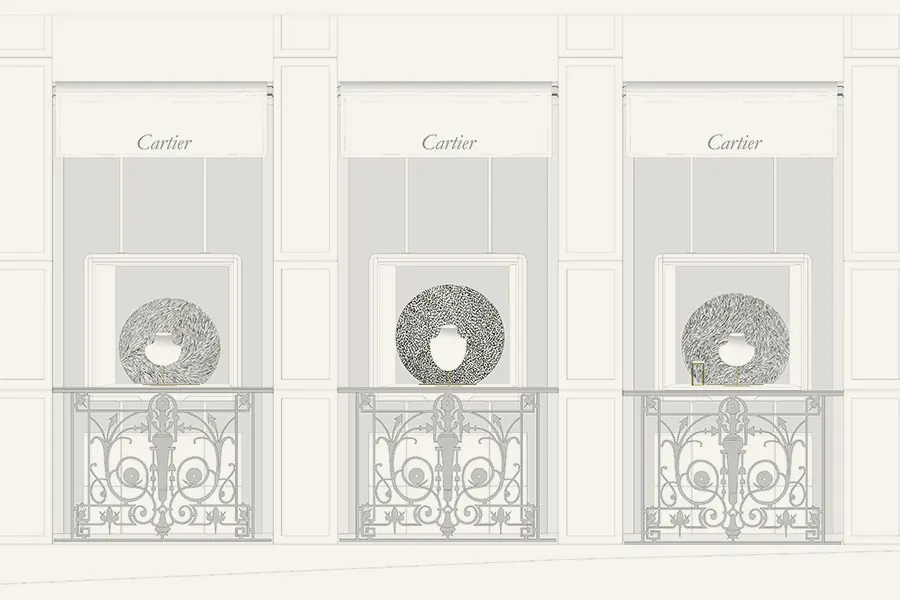 Croquis vectoriel de présentation de projet de sculptures sur mesure par l'atelier Mylène Mai pour la maison Cartier. On voit la façade de la boutique de Cartier Monaco, 3 vitrines et les œuvres proposées pour décor et écrin de la haute joaillerie. Des œuvres rondes, tronquées à la base, entièrement sculptées d'écailles de plâtre