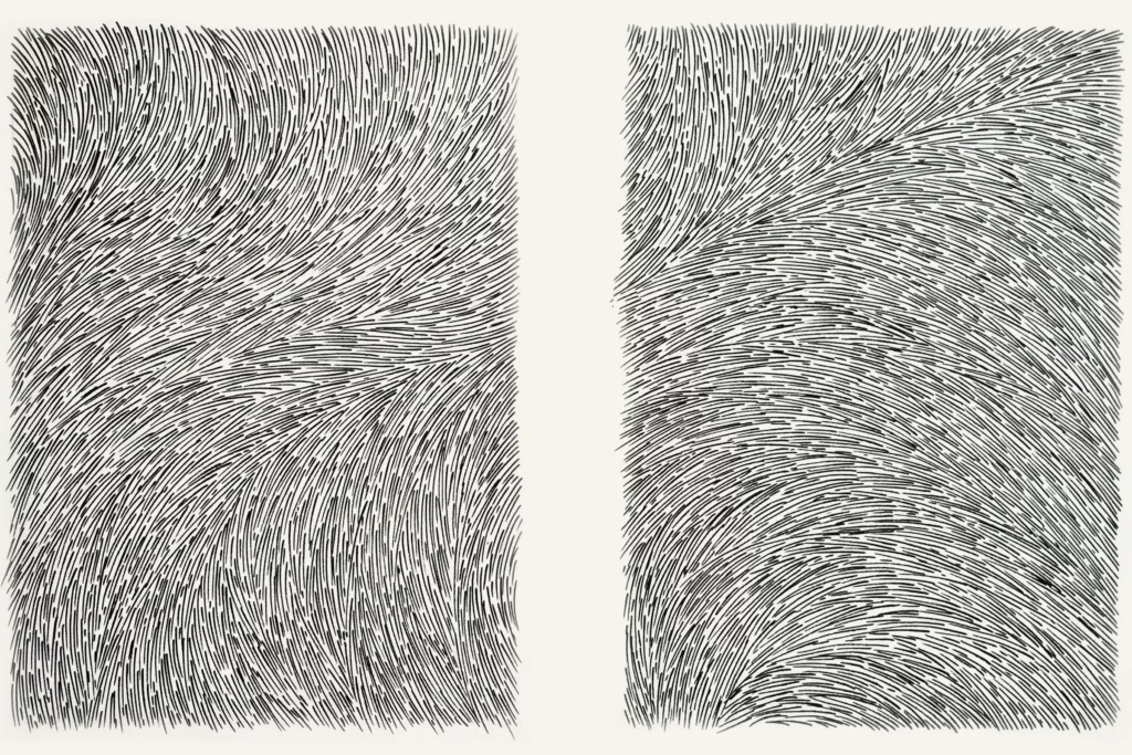 Croquis au feutre en noir et blanc de l'artiste Mylène Mai. Esquisse préalable à la réalisation d'un diptyque, oeuvre murale sur mesure en écailles de plâtre sculpté.