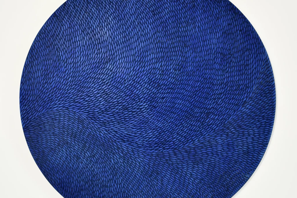 Vue de face et légèrement zoomée d'une sculpture murale de forme ronde. On Voit une multitude de petites écailles de plâtre finement sculptées et parfaitement organisées. L'œuvre est dans des teintes de bleus soutenus et intenses de type outremer, proche du bleu Klein.