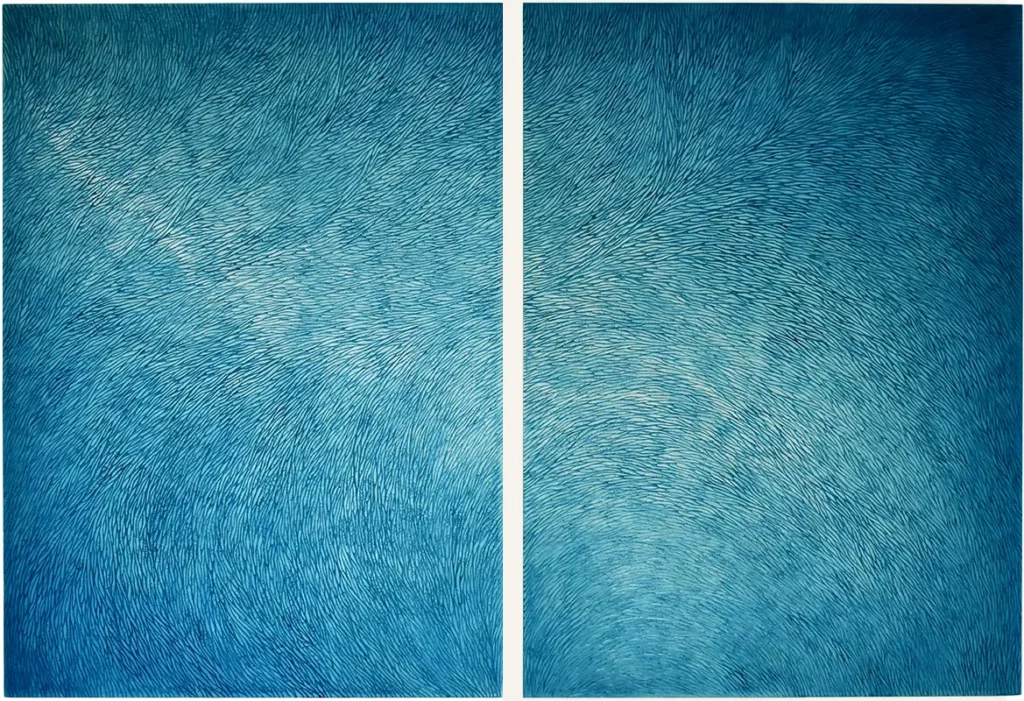 Diptyque de grande dimension, réalisée par l'atelier Mylène Mai. Une sculpture murale en écailles de plâtre, patinée des teintes azur.