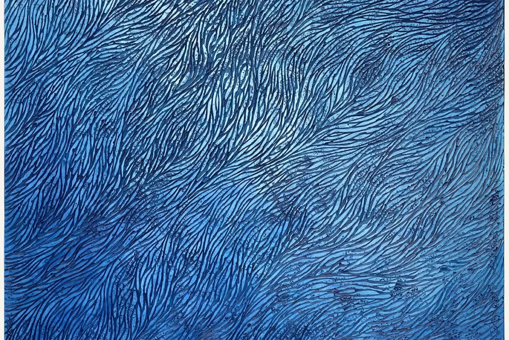 Zoom large sur une oeuvre d'art sculptée par l'artiste Mylène Mai. L'oeuvre est en plâtre sculpté, patiné de teintes de bleu en dégradé