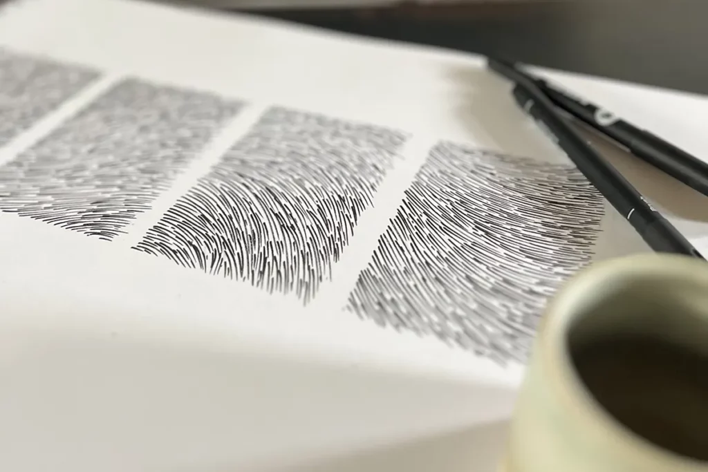 Croquis d'un quadriptyque réalisée par l'artiste Mylène Mai. esquisse préalable à la sculpture de l'oeuvre sur plâtre