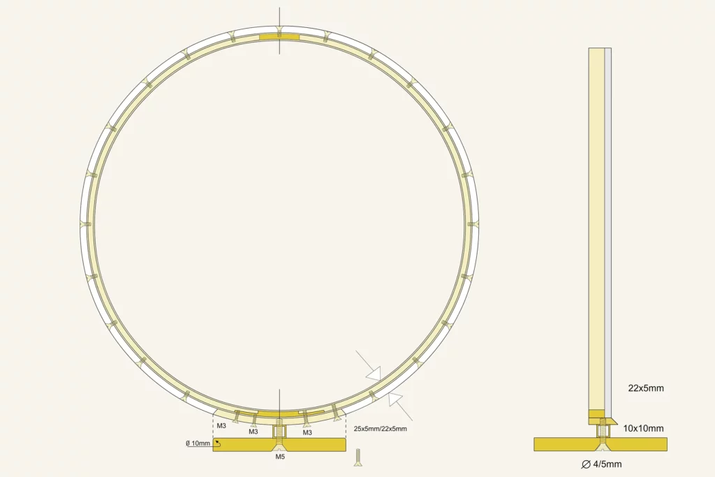 Plan vectoriel de l'assemblage d'une structure en laiton nécessaire à la réalisation des sculptures en plâtre de l'atelier Mylène Mai. Le plan indique une vue de face et de profil.