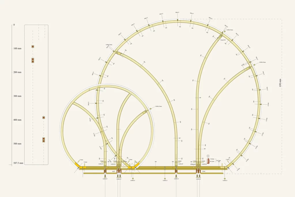 Un plan vectoriel détaillé d'une sculpture double sur socle. Le plan détaille l'assemblage complexe de la structure en laiton qui reçoit le plâtre.