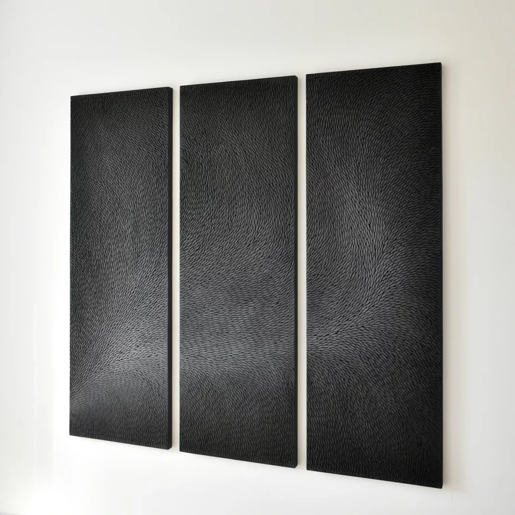 Un oeuvre murale, sculptée, de format imposant, composé de 3 éléments en triptyque, installé sur un mur blanc type galerie. La vision de trois quart révèle le relief de cette sculpture murale, composée d'écailles de plâtre, agencées dans un mouvement fluide et végétal. La couleur de l'oeuvre est dans des teintes subtiles de noirs et de gris mat.