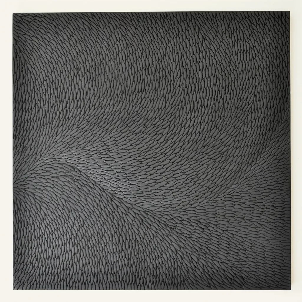 Une sculpture murale de l'artiste Mylène Mai, de format 80 x 80 cm, composé d'une multitude petites écailles de plâtre avec un mouvement végétal, la patine est dans des teintes de noir et de gris, mat.